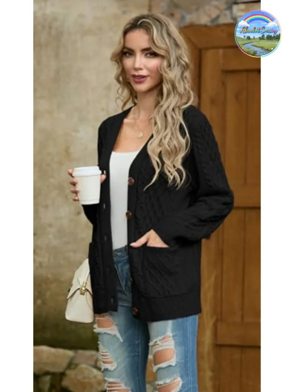 Cable Knit Chunky Cardigan Sweater with Pockets Button V-Neck